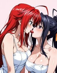 2girls ahoge ai_generated akeno_himejima antenna_hair black_hair blue_green_eyes blush breast_on_breasts couple crimson_hair female_only hair_ribbon high_school_dxd large_breasts lesbian light_skin looking_at_each_other orange_ribbon ponytail rias_gremory strawberry towel very_long_hair violet_eyes yuri