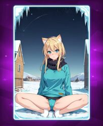 ai_generated blonde_hair blue_eyes cat_ears scarf spread_legs