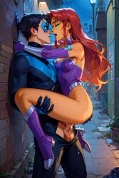 ai_generated batman_(series) dc dc_comics dick_grayson female koriand'r male nightwing red_hair sex stand_and_carry_position starfire teen_titans