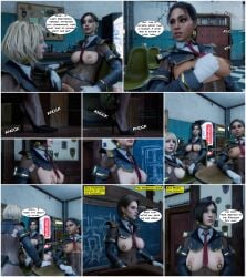 3d 3girls ashley_graham blender blender_cycles breasts capcom claire_redfield comic comic_page cover eye_contact female female_only heels jill_valentine kazehiro nipple_rings resident_evil resident_evil_2_remake resident_evil_5 sheva_alomar strauzek