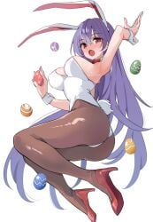 alternate_costume animal_ears armpits ass black_pantyhose blush bow bowtie breasts breasts_apart covered_erect_nipples detached_collar easter_egg egg female high_heels highres jumping kamukamu_(ars) large_breasts leotard long_hair looking_at_viewer nail_polish open_mouth pantyhose playboy_bunny purple_hair purple_nails rabbit_ears rabbit_girl rabbit_tail red_bow red_bowtie red_eyes red_footwear reisen_udongein_inaba simple_background solo sweat tail thighs touhou very_long_hair white_background wrist_cuffs