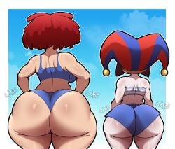 2025 2d 2d_(artwork) 2girls back_view big_ass big_butt bikini blue_shorts blue_swimsuit blue_topwear bottomwear breast brown_hair bubble_ass bubble_butt clothing doll dumptruck_ass duo english_text female female_focus female_humanoid female_only glistening glistening_ass glitch_productions gooseworx headgear headwear huge_ass huge_butt human humanoid jester jester_hat kazuarts light-skinned_female light_skin nonsexual onomatopoeia pale_skin pomni pomni_(beach_outfit) pomni_(the_amazing_digital_circus) ragatha_(beach_outfit) ragatha_(the_amazing_digital_circus) rear_view red_hair shiny_ass shiny_butt shiny_skin short_hair shorts size_difference sky standing striped_topwear swimsuit swimwear text the_amazing_digital_circus thick_ass thick_butt thick_thighs topwear white_body white_skin wobbling_ass