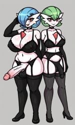 2futas ai_generated armwear big_breasts black_armwear black_legwear black_lingerie black_thighhighs futa_only futanari gardevoir giant_breasts legwear lingerie pixai pokemon pokemon_(species) thighhighs