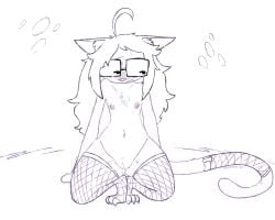 alternate_version_at_source anthro blush bodily_fluids clothing embarrassed eyewear felid feline female genitals glasses hi_res kneeling lingerie looking_aside mammal mostly_nude nude presenting presenting_pussy pussy solo spread_legs spreading sweat tail the_weaver