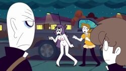 2boys 2girls bald breasts drunk father_gregor_(spooky_month) female jaune_(spooky_month) lila_(spooky_month) male naked nude outdoors philelmago priest purple_hair pussy screenshot_edit short_hair spooky_month tagme tagme_(character) unnamed_character