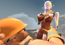 1boy 1girls big_breasts blush cowgirl_position crossover cum cum_in_pussy cum_inside duo engineer engineer_(team_fortress_2) female haydee haydee_(game) heart justaglass male male/female robot robot_girl robot_humanoid sex sfm source_filmmaker straight straight_sex team_fortress_2 vaginal_penetration vaginal_sex