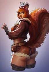 ai_generated ass ass_focus basic_background freckles ginger jacket looking_at_viewer looking_back marvel marvel_comics marvel_rivals squirrel_girl_(marvel) squirrel_girl_(marvel_rivals) tail thick_ass thick_thighs