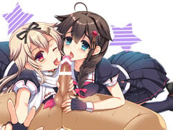 1boy 2girls ahoge balls bar_censor blue_eyes braid brown_hair caressing_testicles censored collaborative_fellatio cute_fang fellatio fingerless_gloves gloves hair_ornament hair_ribbon hairclip hanao_(kuma-tan_flash!) handjob kantai_collection multiple_fellatio multiple_girls one_eye_closed oral penis red_eyes ribbon school_uniform serafuku shigure_(kantai_collection) skirt star teamwork testicles tongue tongue_out v white_background yuudachi_(kantai_collection)