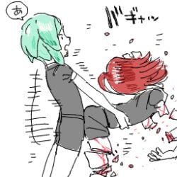 blood blue_hair breaking cinnabar_(land_of_the_lustrous) clothed_sex death decapitation female_death futa_on_female futanari gem gem_(species) guro houseki_no_kuni land_of_the_lustrous mutilation no_arms no_humans phosphophyllite red_hair shinsha_(land_of_the_lustrous)