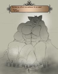 anthro balls big_balls big_muscles big_pecs big_penis body_hair canid canine chair chest_hair city city_destruction deity destruction duo extreme_size_difference fog fox furniture gameplay_mechanics genitals hand_on_head huge_balls huge_cock huge_muscles hyper hyper_balls hyper_genitalia hyper_muscles hyper_penis macro macro_male male male/male mammal mountain muscular muscular_arms muscular_male musk musk_clouds nipples pecs penis red_fox silhouette size_difference smoke text text_box throne trott_conager trott_on_the_rocks true_fox