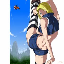 android_18 ass ass_cleavage blonde_hair blue_eyes boots breasts breasts_out butt_crack clothed clouds dragon_ball dragon_ball_z earrings female forest from_behind highres huge_breasts human kick krillin kuririn leg_lift looking_at_viewer looking_down male mountain open_clothes open_shirt outdoors shirt short_hair short_shorts shorts sideboob sky sleeveless splits striped striped_legwear suna thighhighs vertical_splits