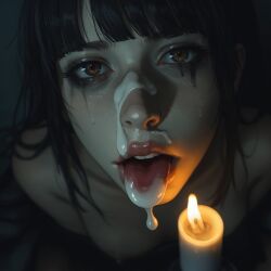 after_fellatio ai_generated black_hair brown_eyes cum_in_mouth cum_on_face cumshot lioram00n open_mouth original_character running_mascara runny_makeup tongue_out