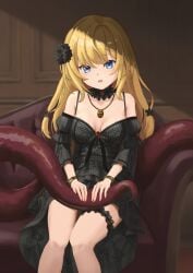 absurdres altea_aquila_(jain_no_ikenie) black_dress blonde_hair blue_eyes breasts couch dress female flower hair_flower hair_ornament highres jain_no_ikenie jewelry long_hair medium_breasts open_mouth pendant satoshiy83 sitting solo tentacle