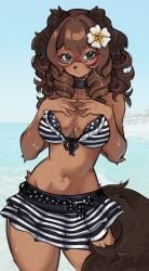 anthro beach belly belly_button bikini_top black_and_white_bikini bra brown_fur brown_hair dog_ears dog_girl dog_tail furry furry_ears furry_female furry_only furry_tail glasses hands_on_breasts hips hips_wider_than_shoulders hourglass_figure puppy_(puppyypawss) puppygirl puppyypawss_(artist) red_glasses round_glasses sweat sweatdrop sweating sweating_balls thick_thighs thighs wet