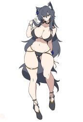 absurdres alternate_breast_size animal_ear_fluff animal_ear_piercing animal_ears arknights arm_behind_back bikini black_bikini black_choker black_hair black_tail breasts choker closed_mouth female full_body groin hair_between_eyes hair_lift hand_up highres large_breasts legs long_hair looking_at_viewer navel simple_background solo standing swimsuit tail texas_(arknights) thigh_strap white_background wolf_ears wolf_girl wolf_tail yellow_eyes yosua_0669