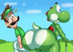 2021 2boys anthro ass big_ass brown_hair clothing dat_ass dinosaur dumptruck_ass dumptruck_butt enormous_ass facial_hair fat_ass gay golf golf_club grass green_hat green_shirt green_yoshi hat huge_ass large_ass looking_at_ass luigi male male_only mario_(series) mario_golf massive_ass nintendo outdoors purple_yoshi_draws reptile scalie standing tail thick_ass yoshi