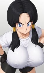 1girls ai_generated big_breasts black_hair blue_eyes breasts busty clothed dragon_ball dragon_ball_z erect_nipples erect_nipples_under_clothes female female_focus female_only looking_at_viewer twintails videl videl_(long_hair)