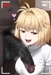 1boy 1boy1girl ai_generated arcueid_brunestud blonde_hair breasts cheating cheating_girlfriend dark-skinned_male fat_man female hairy_male imminent_fellatio imminent_oral interracial large_breasts large_penis looking_at_viewer netorare recording red_eyes short_hair smell straight testicles tsukihime turtleneck veiny_penis waroffree white_turtleneck