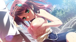 areolae blush breast_hold breast_press breasts breasts_out female game_cg green_eyes hair_ornament large_breasts long_hair male minakawa_sui minori natsuzora_no_perseus nipples paizuri penis red_hair shouna_mitsuishi smile straight swimsuit takasaki_mako uncensored wet yuzuna_hiyo