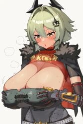 1girls black_gloves blush breasts caesar_king cleavage fur-trimmed_jacket gloves green_hair hair_ornament hands_on_breasts hei_(heiyohei) highres hoyoverse huge_breasts jacket jewelry looking_down open_mouth simple_background sweat white_background yellow_eyes zenless_zone_zero