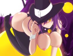 2014 :3 absurdres all_fours ass bare_shoulders bell black_legwear blair_(soul_eater) blush breasts breasts_out choker fatelogic full_moon hat hat_over_one_eye long_hair looking_at_viewer moon night nipples purple_hair smile soul_eater thighhighs witch witch_hat wrist_cuffs yellow_eyes