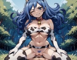 ai_generated bandeau bell blue_eyes blue_hair choker cow_horns cow_print cowgirl_position fairy_tail garter_belt garter_straps gloves happy juvia_lockser large_breasts orgasm outside outside_sex payop pony_diffusion_xl pov pubic_hair smile stockings underboob vaginal_sex wink