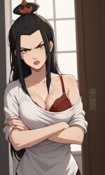 ai_generated ass avatar_legends avatar_the_last_airbender azula bigmic145 bra breasts cleavage clothed clothed_female long_hair loose_clothes nickelodeon off_shoulder oversized_clothes princess rolled_up_sleeves solo solo_female