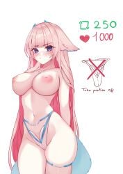 1girls animal_ears areolae belly_button blue_eyes breasts cleavage english_text eyebrows_visible_through_hair female female_only fox_ears fox_girl fox_tail huge_breasts indie_virtual_youtuber light-skinned_female light_skin like_and_retweet like_icon nipples panties retweet_icon shee_kiyomi sheekiart simple_background solo strip_game tail text virtual_youtuber white_background white_panties