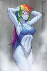 1girls 2025 arms_up bath bathing bathroom belly blue-skinned_female blue_body blue_clothing blue_one-piece_swimsuit blue_skin blue_swimsuit blush cleavage deviantart deviantart_link equestria_girls female female_only fit fit_female friendship_is_magic frontless_outfit hands_on_head hasbro human humanized humanized_pony iojknmiojknm leotard long_hair looking_at_viewer multicolored_hair my_little_pony navel one_eye_closed one_eye_open rainbow_dash rainbow_dash_(eg) rainbow_dash_(mlp) rainbow_hair shower showering solo standing steam thighs water wet wet_body