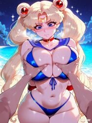 ai_generated beach bikini blonde_hair blush breast_grab difuxer huge_breasts night pov sailor_collar sailor_moon wide_hips