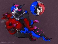3_eyes anthro anthro_on_anthro black_body black_fur blue_body blue_fur bodily_fluids bone bone_mask bovid_horn breath breeding_kink caprine_horn celum_(character) claws close-up cum cum_drip cum_dripping_from_penis cum_explosion cum_from_penis cum_inside cum_on_body cumshot cuntboy curling_toes dragon dripping duo ejaculation feet fur gay genital_fluids genitals goat_horn happy happy_sex hi_res horn intersex intersex/male male male/male male_pregnancy mask mrpanovvy multi_eye multicolored_body multicolored_fur mythological_creature mythological_scalie mythology notched_ear orgasm penis pregnancy pregnant pregnant_anthro pregnant_male psyker_(character) purple_eyes red_body red_fur reptile romantic romantic_couple scalie sex shaking skull skull_mask skulldog_(species) spikes teeth trans_(lore) trembling vulpeh yaoi