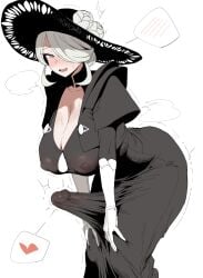 absurdres black_dress black_hat blush breasts bulge cleavage cogita_(pokemon) commentary covered_nipples dress erection erection_under_clothes female futanari grey_eyes hair_over_one_eye hat highres large_penis looking_at_viewer mature_female open_mouth penis pokemon pokemon_legends:_arceus precum precum_through_clothes short_hair simple_background smile solo spoken_blush standing white_background white_hair xipa