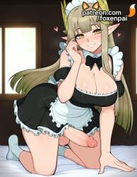 1boy 1futa 2025 ai_generated apron arknights artist_name bangs blush cock crossdressing cum dick elf enmaided erection eyebrows_visible_through_hair foreskin foxenpai frills futanari genderswap_(ftm) heart hi_res high_quality high_resolution highres long_hair maid maid_headdress male_focus muelsyse_(arknights) newhalf on_bed otoko_no_ko patreon patreon_username penis perineum phimosis pointy_ears precum rule_63 smile socks solo stable_diffusion testicles uncensored watermark white_apron