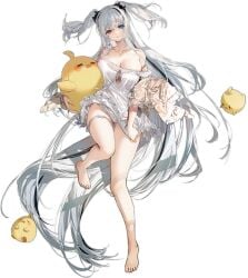 absurdly_long_hair azur_lane bare_shoulders barefoot black_background blue_eyes breasts cg cleavage collarbone dress elbing_(azur_lane) elbing_(sleepless_night's_wishes)_(azur_lane) feet female full_body heterochromia jewelry large_breasts long_hair looking_at_viewer necklace off_shoulder official_art panties parted_lips red_eyes see-through simple_background solo thigh_strap toes two_side_up underwear very_long_hair white_dress white_hair white_panties