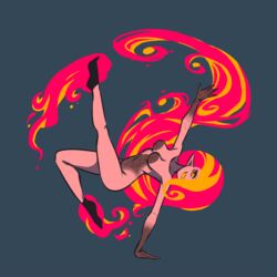 1girls akairiot arm_up breasts brenna_(akairiot) casual dancing female fiery_hair fire full_body grey_background hair_over_one_eye humanoid legs_up long_hair medium_breasts navel nude nudist original pale_skin pointy_ears red_eyes simple_background smile solo yellow_sclera