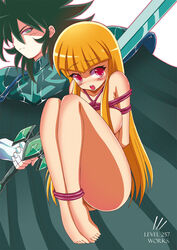 1girls ass blonde_hair bondage cape covered_breasts covering_pussy female goddess green_eyes legs level257 nude nude_female pallas_(saint_seiya) pallasites red_eyes saint_seiya saint_seiya_omega shoulder_armor sword tan_skin titan_(saint_seiya)