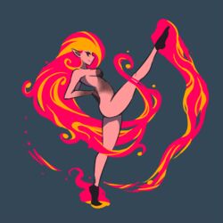 1girls akairiot breasts brenna_(akairiot) casual dancing female fiery_hair fire from_side full_body grey_background hand_on_back humanoid kick kicking leg_up long_hair medium_breasts nude nudist original pale_skin pointy_ears pose posing red_eyes simple_background smile smirk solo yellow_sclera