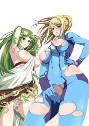 2girls areolae armpits arms_up bare_shoulders blonde_hair blue_eyes blush bodysuit breasts breasts_out d_kurouri exposed_breasts female green_eyes green_hair highres inverted_nipples jewelry kid_icarus large_breasts long_hair metroid multiple_girls necklace nintendo nipples no_bra palutena panties ponytail samus_aran simple_background super_smash_bros. sweat thighs tiara tied_hair torn_bodysuit torn_clothes white_background zero_suit zero_suit_samus