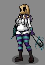 1girls bat belly belly_button boots breasts chetoh chubby chubby_female claire_(chetoh) close_(chetoh) commission commissioner_upload egg female female_focus female_only fusion fusion_character gloves grey_background grey_nipples hair holding holding_bat holding_object multicolored_gloves multicolored_panties multicolored_stockings nipple nipple_slip nipples oc original original_character panties paper_bag paper_bag_on_head purple_hair rose_(chetoh) stockings thighs topless topless_female vest white_body