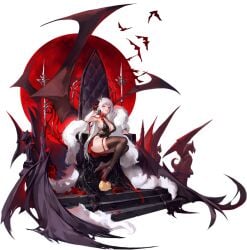 azur_lane bare_shoulders black_dress black_footwear black_gloves black_thighhighs breasts center_opening cg cleavage dress drinking_glass evening_gown feather_boa female flower full_body full_moon gloves hair_ornament halter_dress halterneck high_heels large_breasts long_hair looking_at_viewer moon official_alternate_costume official_art one_eye_closed red_eyes red_flower red_moon shoes single_shoe sitting sleeveless sleeveless_dress smile solo stairs thigh_strap thighhighs thighs throne very_long_hair white_hair wings yorck_(azur_lane) yorck_(breaker_under_the_blood_moon)_(azur_lane)