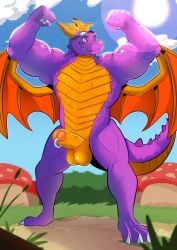 activision aged_up anthro anthrofied balloonist_spyro balls biceps dragon erection eyewear eyewear_on_head facial_spikes flexing flexing_bicep foreskin frill_(anatomy) full-length_portrait genital_piercing genitals glans goggles goggles_on_head hi_res horn humanoid_genitalia humanoid_penis jaw_spikes male multicolored_body muscular muscular_anthro muscular_male mythological_creature mythological_scalie mythology nude outside penis penis_piercing piercing portrait prince_albert_piercing purple_body scales scalie solo spikes spikes_(anatomy) spread_wings spyro spyro_the_dragon standing thiagoefrancesco two_tone_body uncircumcised vein veiny_penis ventral_scales wings
