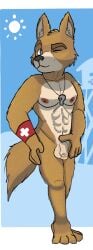 animal_genitalia anthro balls beach canid canine feet femboy flaccid genitals hi_res lifeguard looking_at_viewer male mammal muscular nipples nude one_eye_closed penis sheath skinny smile smiling_at_viewer solo spicy_poncho toes wink winking_at_viewer