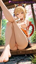1girls 2025 ai_generated arm_tattoo ass bangs barefoot blonde_hair blush breasts chest_tattoo choker feet genshin_impact hair_ornament hi_res highres hoyoverse japanese_clothes kimono large_breasts legs lipstick looking_at_viewer makeup medium_breasts mihoyo mihoyo_technology_(shanghai)_co._ltd. natsuyoru nipples orange_kimono outdoors patreon ponytail pussy red_choker sitting solo tattoo thighs toes tongue tongue_out vagina voluptuous voluptuous_female yellow_eyes yoimiya_(genshin_impact)