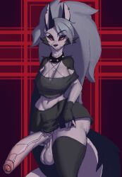 anthro balls big_balls big_breasts big_penis breasts canid canid_demon canine cleavage clothed clothing collar demon ear_piercing ear_ring fur genitals grey_hair gynomorph hair half-erect hellaverse hellhound helluva_boss hi_res huge_balls huge_cock intersex legwear loona_(helluva_boss) mammal mythological_canine mythological_creature mythology penis piercing red_sclera ring_piercing solo spiked_collar spikes standing tail tenacitrus thick_thighs thigh_highs white_body white_fur wide_hips