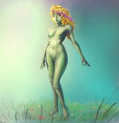 barefoot blonde_hair breasts chacobo dryad female green_skin hair_flower long_hair nature nipples nude nymph original outdoors solo standing sunlight yellow_eyes