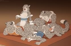 anthro anthro_on_anthro anthro_penetrated anthro_penetrating anthro_penetrating_anthro balls bodily_fluids bottomless breasts clothed clothing cum cum_inside felid female female_penetrated fur genital_fluids genitals group hi_res jishinu male male/female male_penetrating male_penetrating_female mammal markings nipples pantherine parallel_sex penetration penile penile_penetration penis penis_in_vagina sex snow_leopard spots spotted_body spotted_fur tongue vaginal_penetration vulva