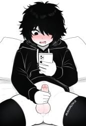 1boy ai_generated artist_name ass_visible_through_thighs balls bangs black_hair black_hoodie black_nails black_thighhighs blush body_blush bottomless bottomless_male doomer_boy dot_nose drooling erection exhibitionism eyelashes eyeliner femboy hair_over_one_eye hand_on_penis highres holding_phone human looking_at_phone lying mahiroka male male_only masturbation messy_hair monochrome navel on_back on_bed open_mouth painted_nails pale_skin penis perineum petite phone pillow precum self_upload shirt_lift skindentation small_penis solo spot_color steamy_breath sweat testicles textless_version thighhighs tongue trembling white_background