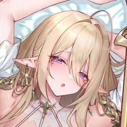 :o ahoge armpits arms_up azur_lane bare_shoulders blonde_hair blush breasts cg detached_sleeves earrings elf female gouden_leeuw_(azur_lane) hair_between_eyes half-closed_eyes jewelry long_hair looking_at_viewer lying mole mole_under_eye on_back open_mouth pointy_ears purple_eyes solo sword upper_body weapon
