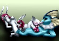 anal anal_sex anthro anus breasts cunnilingus dragon1900 eeveelution female female/female frill_(anatomy) generation_1_pokemon genitals group group_sex gynomorph hair hi_res intersex intersex/female lagomorph leporid long_tongue mammal nintendo nipples oral penetration penile penile_penetration penis_in_ass pokemon pokemon_(species) rabbit sex tail threesome tongue trio vaginal_penetration vaporeon vulva