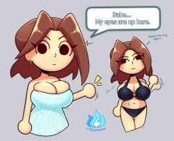 1girls big_breasts bikini black_bikini blue_dress bluesharp brown_hair circle_hands clothed color dialogue dialogue_box female female_only fully_clothed grey_background light-skinned_female light_skin looking_at_viewer mii mii_gunner mii_gunner_(smash_4) mob_face mole_on_breast motion_lines my_eyes_are_up_here nintendo no_sex shaded shiny_skin simple_background skindentation solid_color_background sparkling_dress super_smash_bros. super_smash_bros._for_nintendo_3ds_and_wii_u sweat sweating sweaty_breasts talking_to_viewer watermark waving_at_viewer